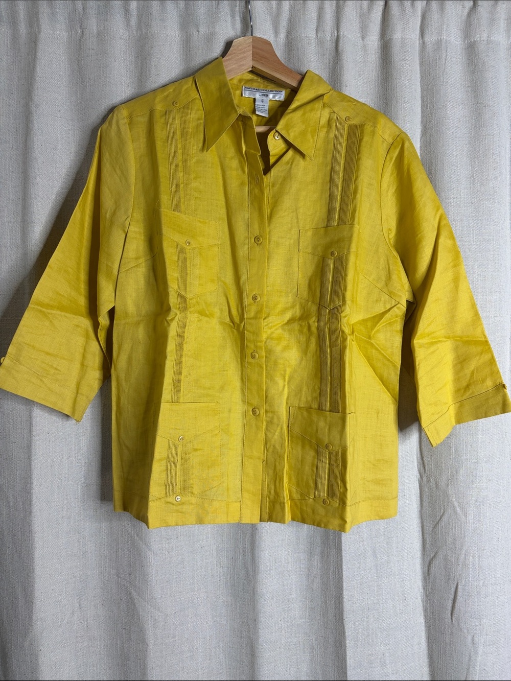 Women’s Yellow Button-Front Blouse with Patch Pockets 100% linen